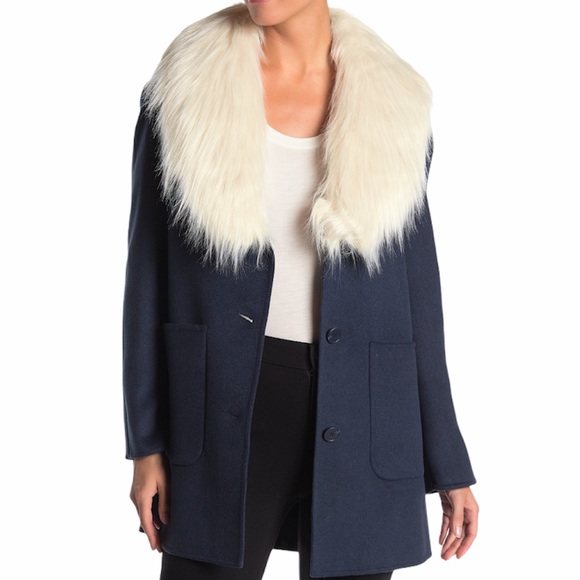 Laundry By Shelli Segal Jackets & Blazers - Laundry By Shelli Segal Faux Fur Collar Wool Blend Coat Misty Blue Size M NWT